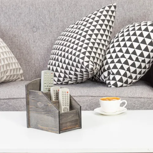 Vista 7 de MyGift Organizador rústico de madera gris oscuro con 3 compartimentos, caja de almacenamiento remoto para TV y medios para sala de estar