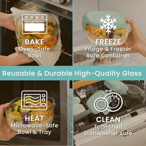 Vista 4 de Bentgo Recipiente de ensalada de vidrio todo en uno - Ensaladera grande de 61 onzas con tapa, bandeja estilo bento de 4 compartimentos, recipiente