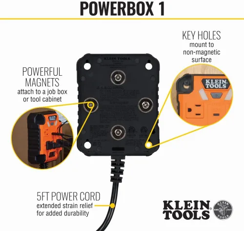 Vista 3 de Klein Tools 29601 Regleta magnética con protector de sobretensión, cable de extensión, 4 tomacorrientes, 3 puertos USB, cable de 5 pies, caja