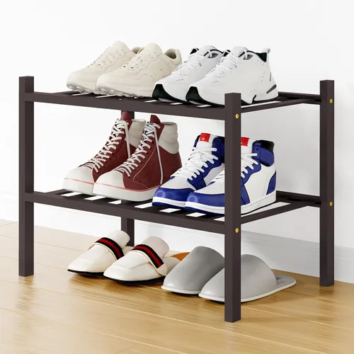 Vista 153 de Smiry Zapatero pequeño de bambú de 2 niveles, apilable, estante de almacenamiento de zapatos de madera para armario, entrada, entrada de puerta Negro