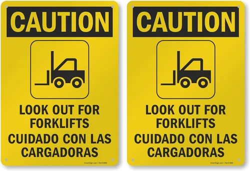 Vista 10 de SmartSign - S-8498-AL-14 Letrero bilingüe "Precaución - Cuidado con las carretillas elevadoras" Aluminio de 10" x 14