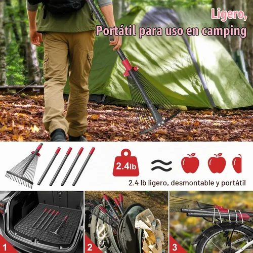 Vista 5 de Rastrillo ajustable para hojas de jardín, rastrillo de hojas de metal resistente de 58 pulgadas con cabeza expandible (8 a 17 pulgadas), rastrillos