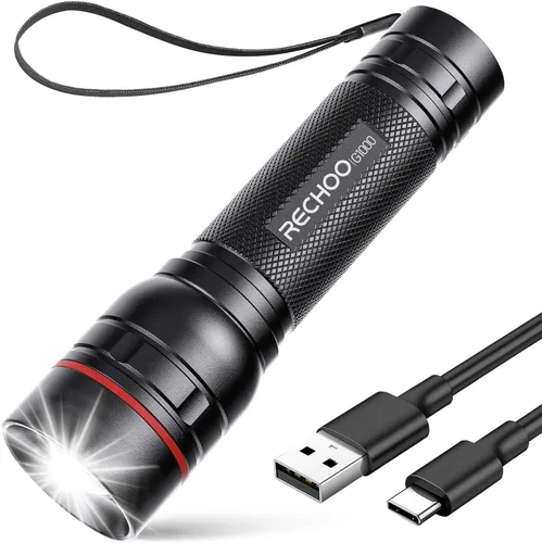 Vista 8 de RECHOO Linternas recargables de alta luminosidad, G1000 súper brillante, pequeña linterna LED con zoom y 3 modos de iluminación, linterna táctica