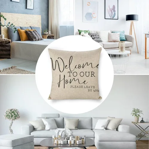Vista 3 de Funda de almohada de 18 x 18 pulgadas con texto en inglés "Welcome to Our Home Please Leave by 9 Pm, funda de almohada decorativa para exteriores