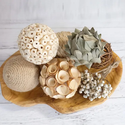 6 bolas de mimbre tejidas de mimbre de 3.5 pulgadas, bolas decorativas, ramitas, orbes verdes, jarrón, relleno para decoración de mesa (beige y