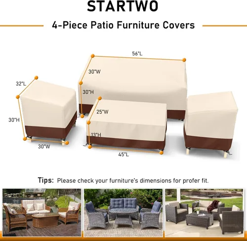 Vista 2 de STARTWO Juego de 4 fundas impermeables para muebles de patio al aire libre, para sillas de 32 pulgadas, sofá biplaza de 56 pulgadas, mesa auxiliar