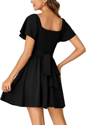 Vista 5 de Rooscier Minivestido acampanado de manga corta con volantes, cuello cuadrado, envolvente y espalda anudada para mujer