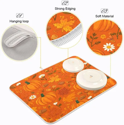 Vista 4 de Tapete de secado de platos de otoño de calabaza y arce de 16 x 18 pulgadas, absorbente para platos de otoño, protector para cocina de secado rápido