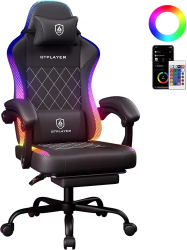 Vista 11 de GTPLAYER Video Gaming Chair with Footrest, RGB LED Lights, Massage, Lumbar Support - Ergonomic Chair with Linkage Armrest