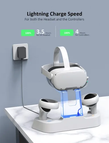 Vista 2 de NexiGo Enhanced Charging Dock with LED Light for OculusMeta Quest 2, Support Elite Strap with Battery, Headset Display Stand and Controller Mount, 2