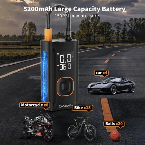 Vista 5 de Inflador de neumáticos, compresor de aire portátil, compresor de aire portátil de 150 PSI con medidor de presión preciso, inflado de bicicleta