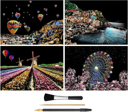 Papel de pintura para rascar arcoíris (A4) para niños y adultos, juego de rascador de visión nocturna de bricolaje: 4 hojas de tarjetas para rascar