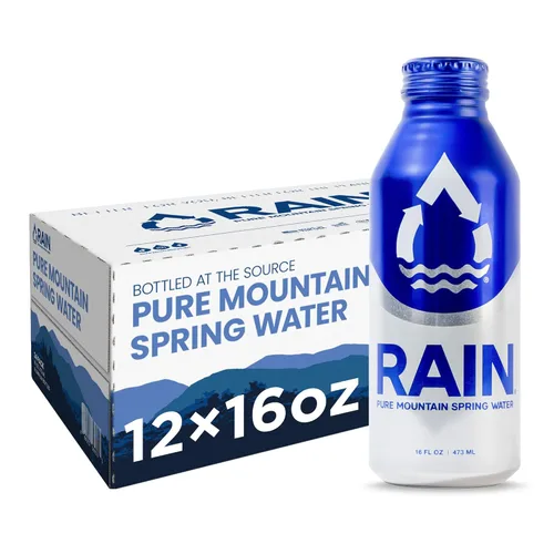 RAIN, Agua de manantial, 16 onzas, paquete de 12, embotellada en la fuente, aluminio ecológico reciclable