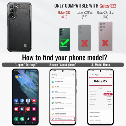 Vista 6 de Vinich Funda tipo cartera para Samsung Galaxy S22 con tarjetero, bloqueo RFID, ranuras de crédito, función atril, a prueba de golpes, para Galaxy