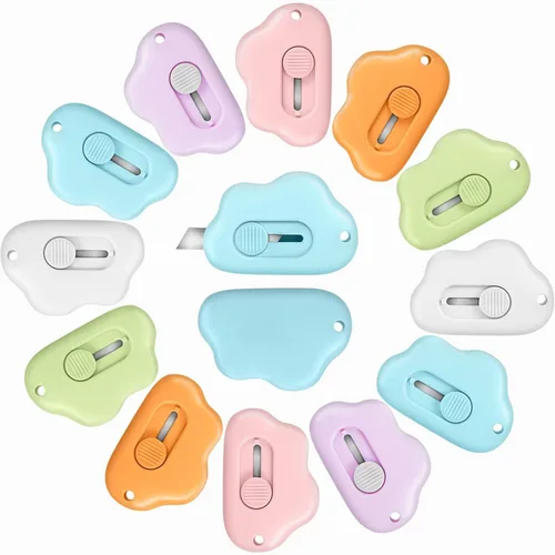 Honoson 12 piezas de mini cortador de caja retráctil, lindo abrecartas pequeñas, cortadora de sobres, abridor de cajas con agujero para llavero, 6