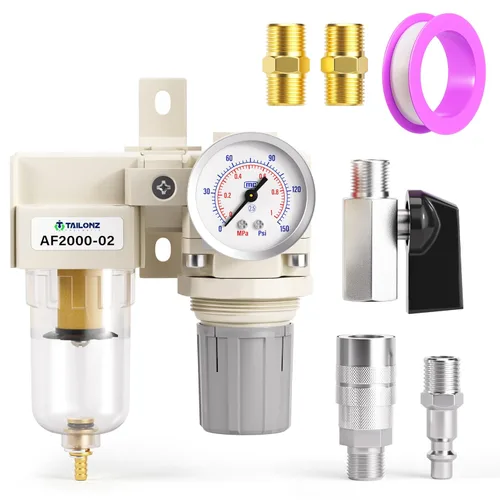 Vista 20 de TAILONZ PNEUMATIC Regulador de presión de filtro de aire de drenaje automático NPT de 1/2 pulgada Combo Piggyback, filtro compresor de herramienta