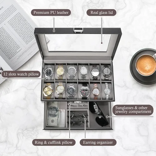 Vista 4 de ProCase Paquete organizador de caja de reloj de 12 ranuras con funda de reloj de viaje