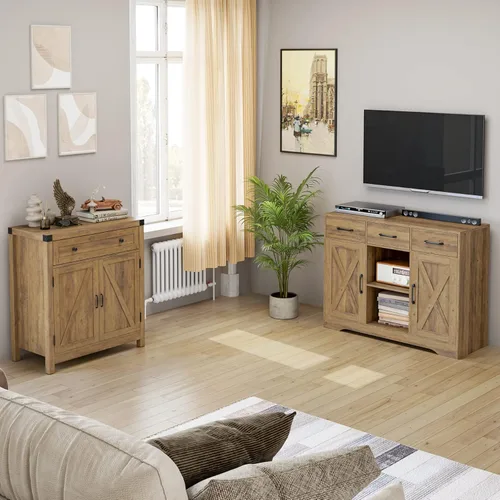 Vista 5 de HOSTACK Armario de almacenamiento de madera moderno estilo granja, con puertas de granero, aparador con almacenamiento, cajones y estantes