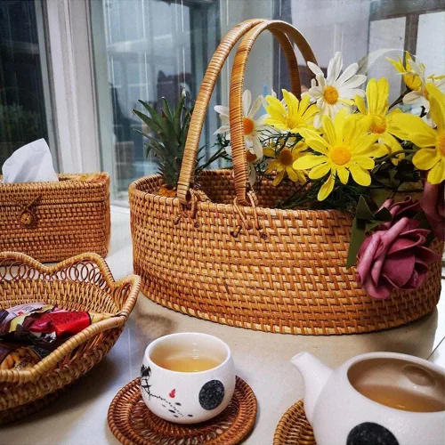 Vista 4 de Cesta de mimbre, cesta de picnic, cestas tejidas – mango móvil, tejida a mano – adecuada para camping, fiestas, picnics, conciertos – cestas tejidas