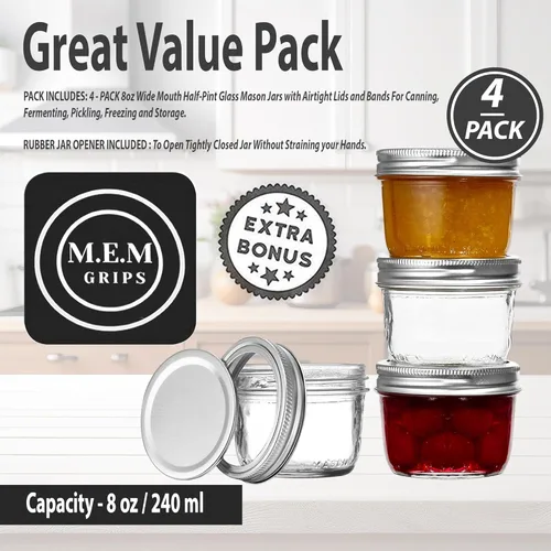 Vista 4 de Wide Mouth Half-Pint Glass Mason Jars 8-Ounces with Airtight Lids and Bands - (4 Pack) - For Storage, Canning, Fermenting, Freezing, Microwave &