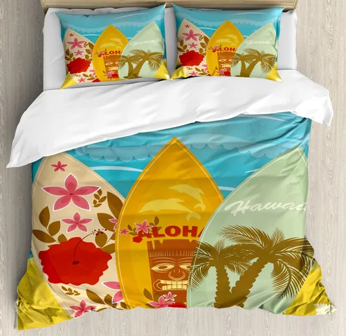 Vista 74 de Ambesonne Hawaii - Juego de funda de edredón de verano, palmeras y hojas exóticas de helecho, fondo colorido abstracto, juego de ropa de cama