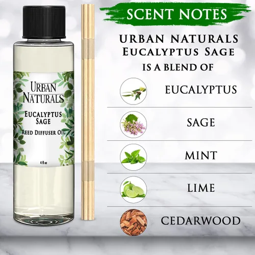 Vista 2 de Urban Naturals Recambio de difusor de varillas de aceite de eucalipto y salvia y varillas Eucalipto, salvia, menta, lima y madera de cedro, 4