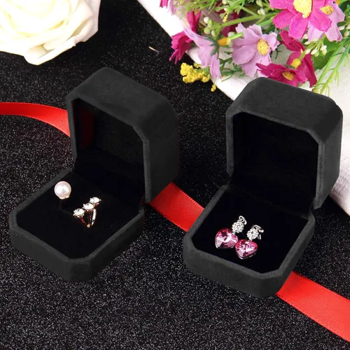 Vista 4 de Lamoutor Caja de anillo de terciopelo 2pcs Caja de pendientes Caja de regalo de joyería (negro)