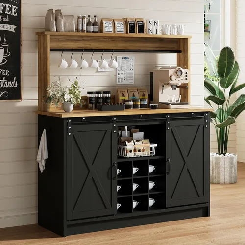 Vista 11 de 4ever2buy Barra de café de granja con gabinete, gabinete de buffet de 31 pulgadas con puerta corrediza de granero, armario de barra de Gris