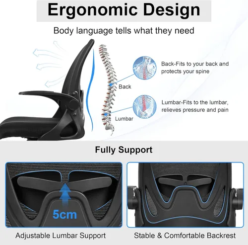 Vista 4 de Primy Silla de Oficina Ergonómica Silla de Escritorio con Reposabrazos Abatibles Silla de Escritorio Giratoria de Malla Transpirable