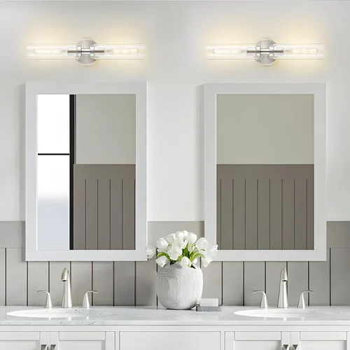 Vista 2 de Lanhall 2 lámparas de baño de níquel cepillado sobre el espejo, moderna lámpara de tocador de pared con pantalla de vidrio transparente para baño