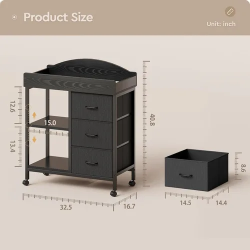 Vista 9 de YeTom Mesa Cambiador Cómoda, Cómoda para Bebé con 3 Cajones de Tela y 2 Estantes, Mesa Cambiador Multifuncional para Bebé con Almohadilla, Cómoda
