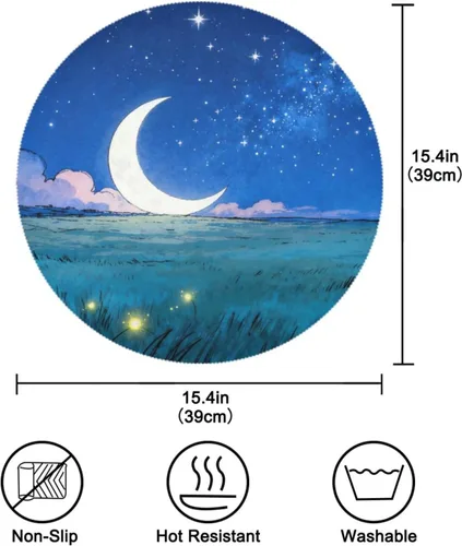 Vista 3 de Star Ninght Moon Grassland Fabric placemats Round Cloth Reversible Quilted placemats manteles para mesa de comedor 15.4x15.4in Set of 6