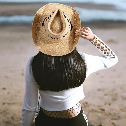 Vista 6 de Sombrero de vaquero de paja para mujer, sombrero de vaquero para mujer, sombrero de playa para verano, borde ancho moldeable