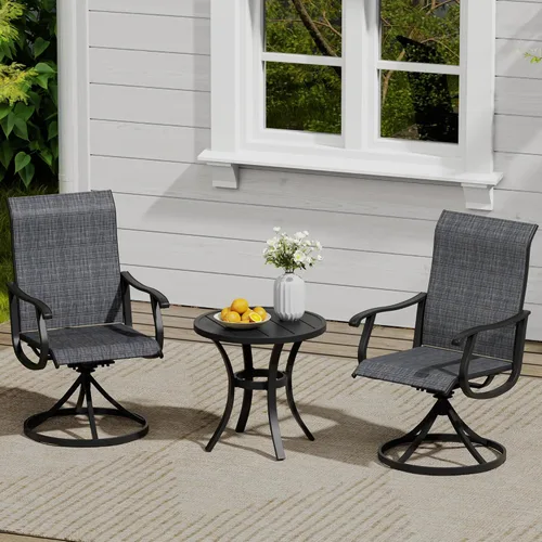 VICLLAX Muebles pequeños de exterior de 3 piezas, 2 sillas giratorias de patio y mesa redonda pequeña para 2, sillas de carbón oscuro y negro