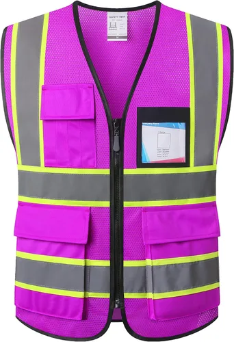 Vista 10 de Chaleco de seguridad para mujer, chaleco de alta visibilidad con 8 bolsillos y cremallera frontal, chaleco reflectante de malla que cumple