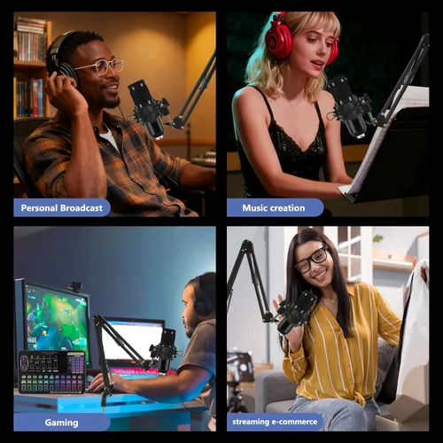 Vista 7 de ALSO GO Paquete de equipo de podcast, micrófono de podcast profesional BM-800 con soporte ajustable, mezclador de audio V10XPRO, modificador de voz