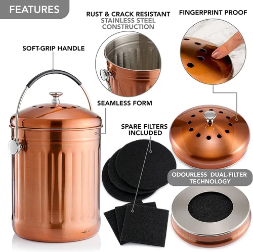 Vista 5 de RED FACTOR Contenedor de Compost Premium para Encimera de Cocina - Cubo de Residuos de Alimentos de Acero Inoxidable con Tecnología Innovadora