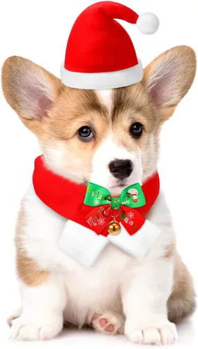 Vista 5 de Sombrero de Navidad para perro de Papá Noel con bufanda, disfraz de mascota, traje de Navidad para mascotas, bufanda, corbata de lazo con campana