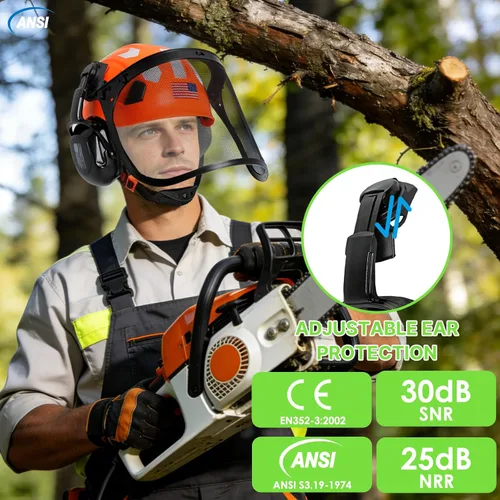 Vista 6 de Aolamegs Casco de motosierra con protector facial y orejeras, casco forestal naranja con protección auditiva y máscara de malla completa, casco