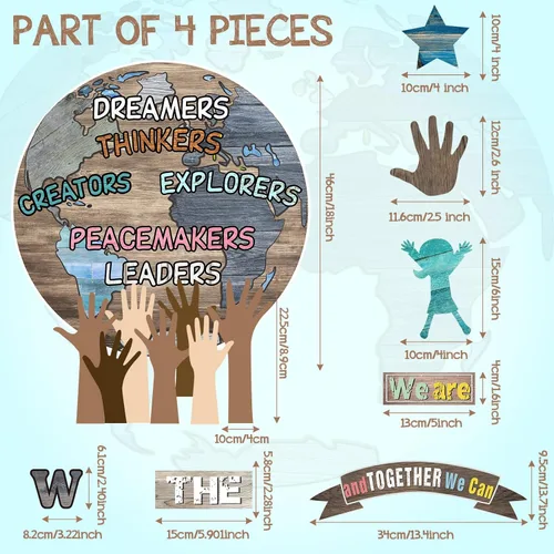 Vista 2 de 88 piezas de decoración de pared para el aula de One World Together, We Can Change The World, recortes de manos con recortes de estrellas