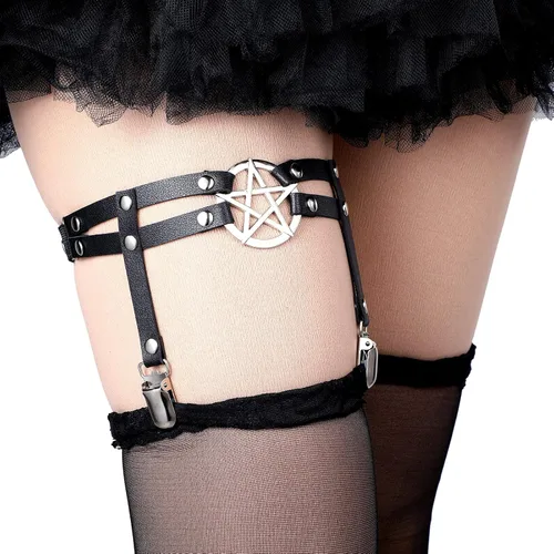 Vista 5 de 6 ligueros ajustables con clips antideslizantes, anillo elástico punk para muslo, liguero en forma de estrella en forma de corazón, 2 filas