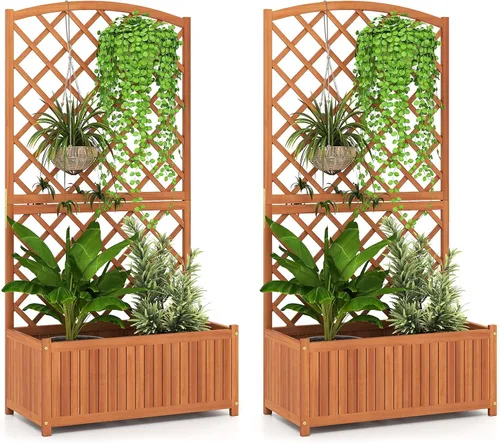 Vista 16 de Giantex Cama de jardín elevada con enrejado, maceta de madera de 72 pulgadas para exteriores con techo de pantalla de privacidad, maceta de jardín