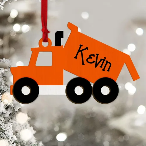 Adorno de árbol de Navidad con nombre personalizado de madera para camión volquete, camión de transporte, equipo pesado, minicargadora, adorno