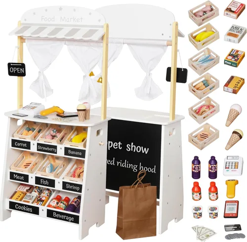 Touch Us Juego de tienda de comestibles para niños, tienda de juegos de simulación y carrito de compras de supermercado de madera con caja