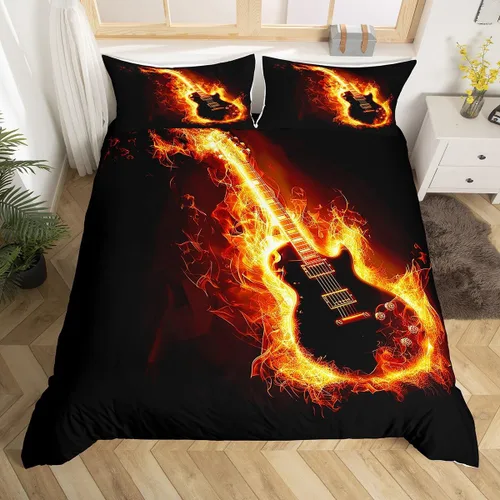 Vista 16 de Erosebridal Juego de ropa de cama de notas musicales, funda de edredón con temática musical, funda de edredón dorada brillante, funda de edredón