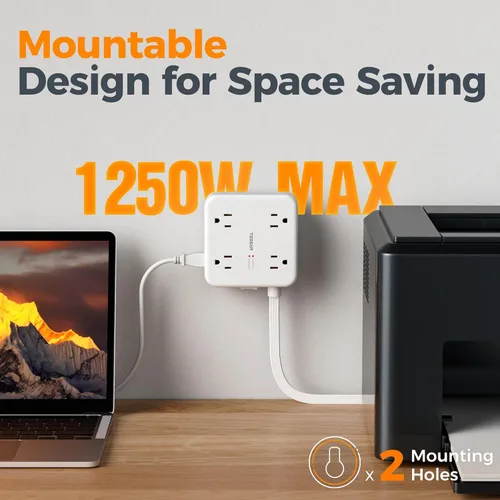 Vista 8 de TESSAN Regleta de Enchufes Protectora de Sobretensiones, Cable de Extensión de 5 Pies Enchufe de Pared Plano con 4 USB (2 USB C) 8 Tomas, Protección