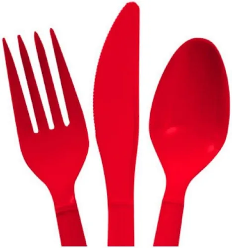 Vista 3 de Juegos de cubiertos de plástico resistente rojo y negro - 16 cucharas, 16 tenedores, 16 cuchillos - 2 paquetes de 48 cada 96 piezas en total