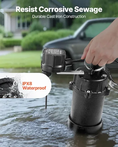 Vista 4 de VEVOR Bomba sumergible para aguas residuales, 1/3 HP, bomba de aguas residuales/efluentes de hierro fundido de 3000 GPH con interruptor flotador