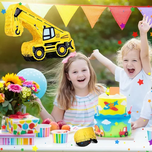 Vista 5 de Colarr Piñata para camión de construcción, piñata excavadora con palo, confeti, piñata de construcción, piñata grande de cumpleaños para niños