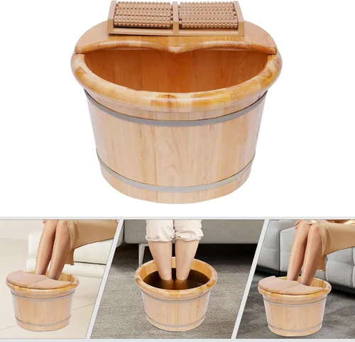 Vista 6 de Tina de pie de madera con masajeador y tapa, juego de lavabo de madera maciza hecho a mano para remojar los pies, cuidado del spa